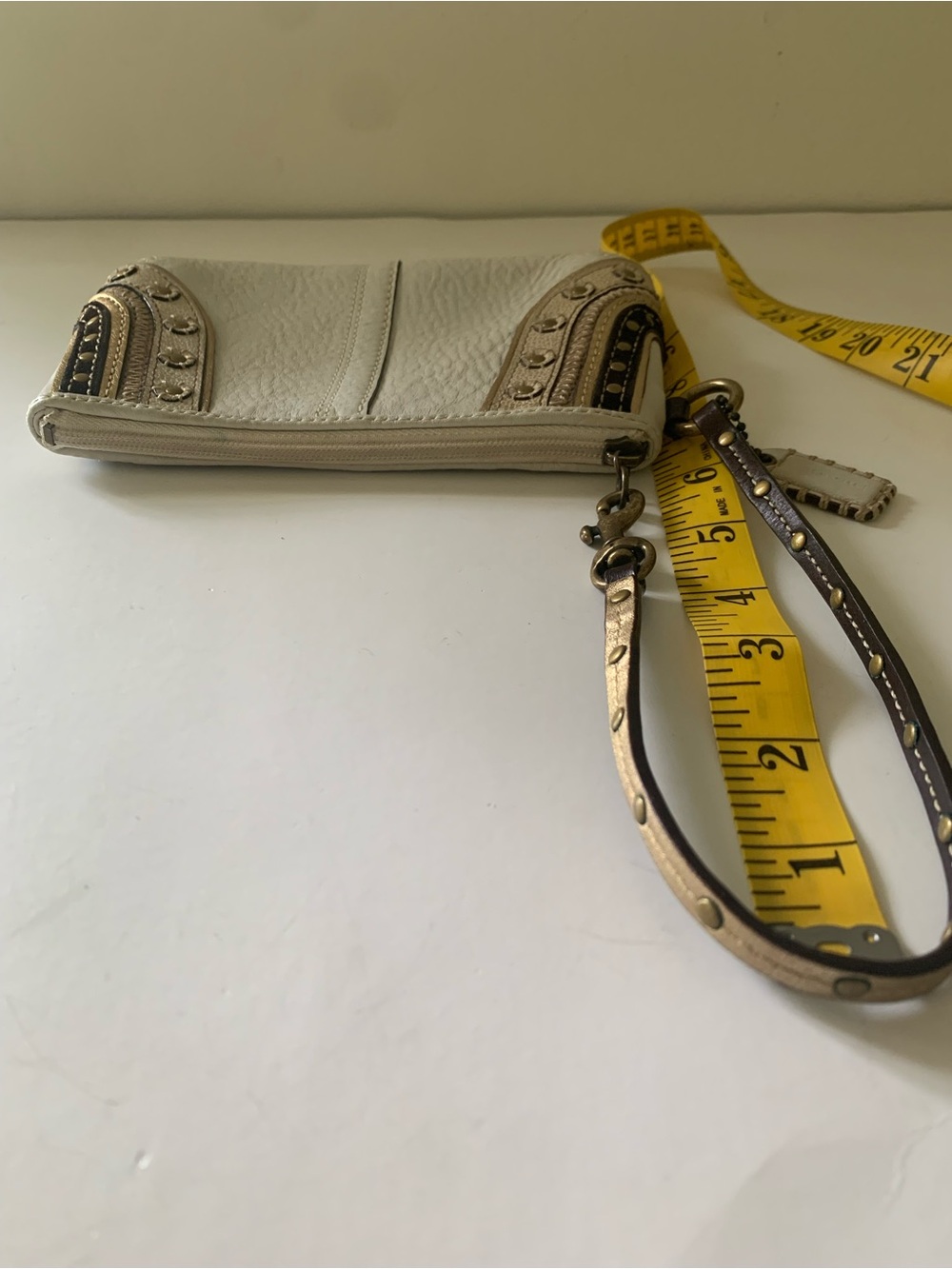 Coach Soho Embroidered Stitch Studded Wristlet, Pebbled White Leather, Gold Stud - Picture 10 of 14